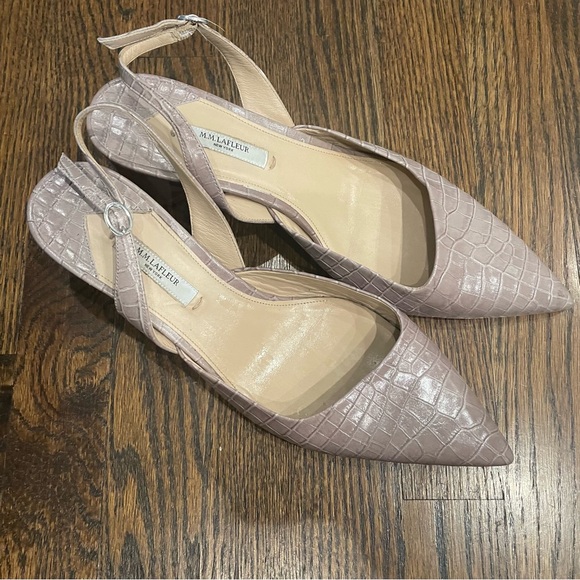 MM LAFLEUR Irene Rosy Taupe Croc Embossed Leather Slingback Block Heels - Picture 3 of 13